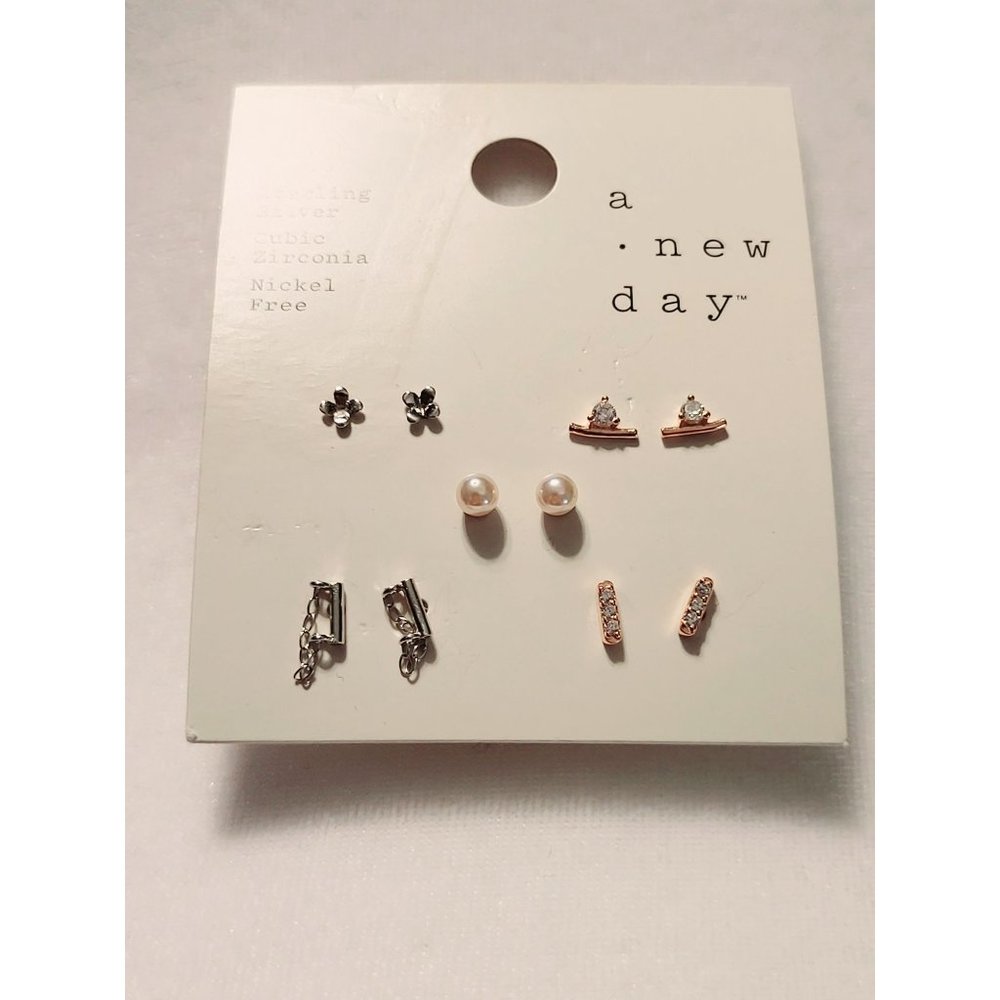 A New Day Five Sets of Post Earrings | Pearl, Cubic Zirconia, Nickel Free